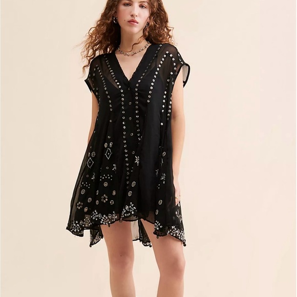 Free People Embellished Black Sheer Mini Dress NWT Sz S $248 Retail rocker-boho - Picture 1 of 8